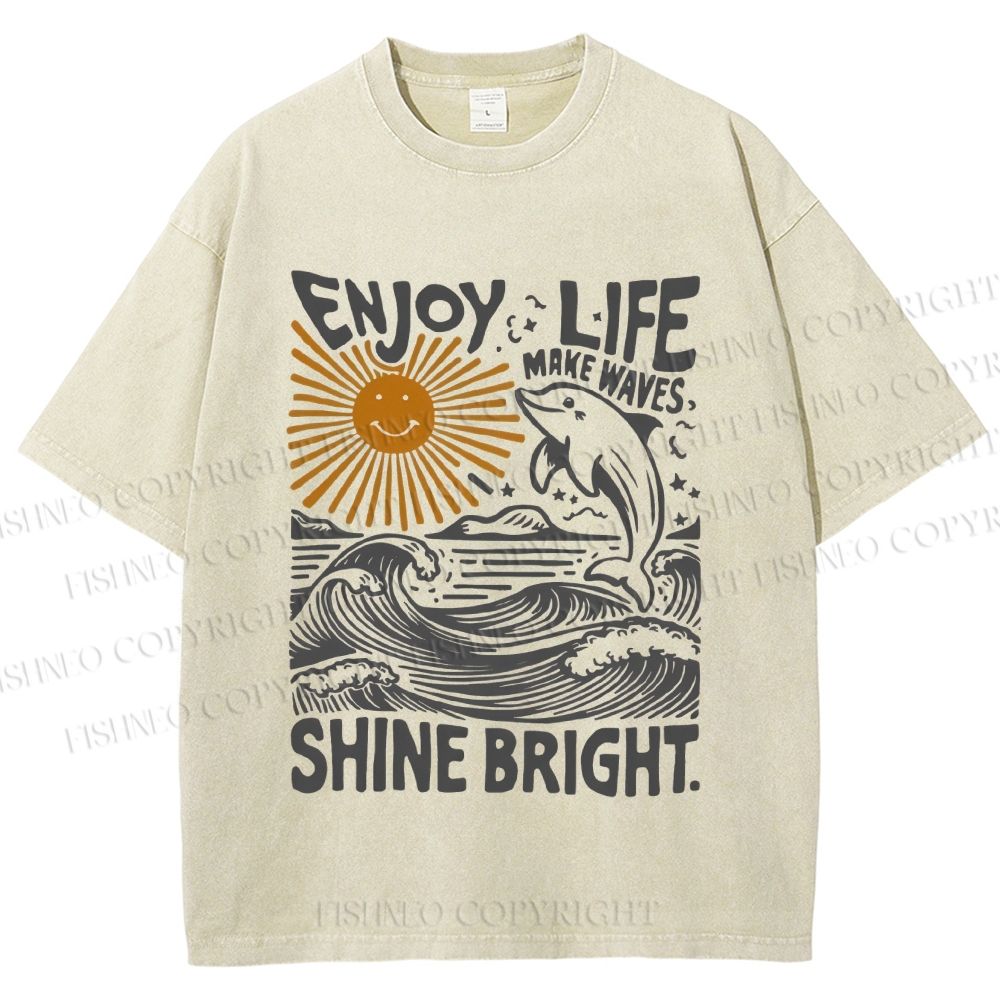 Unisex Vintage Enjoy Life Make Wave Shine Bright Graffiti Printed Washed Tee