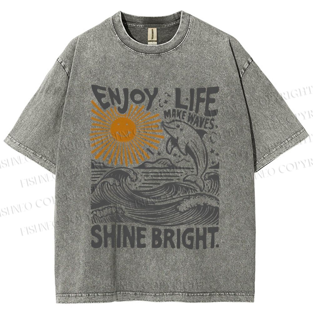 Unisex Vintage Enjoy Life Make Wave Shine Bright Graffiti Printed Washed Tee