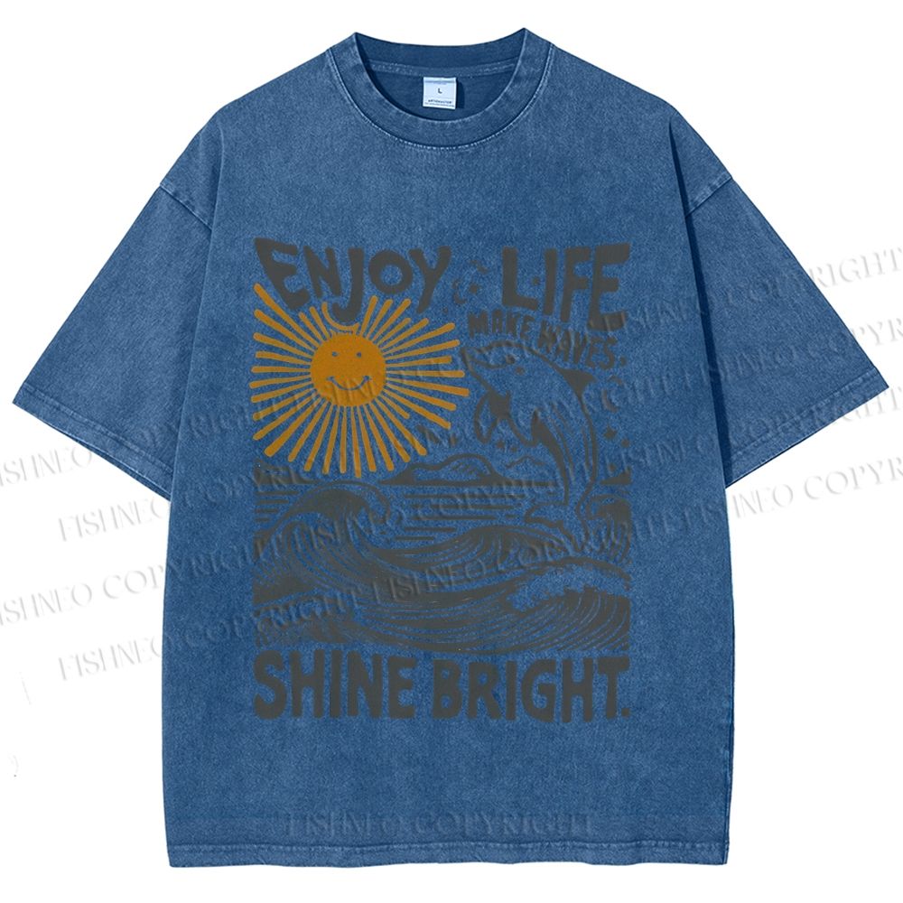 Unisex Vintage Enjoy Life Make Wave Shine Bright Graffiti Printed Washed Tee