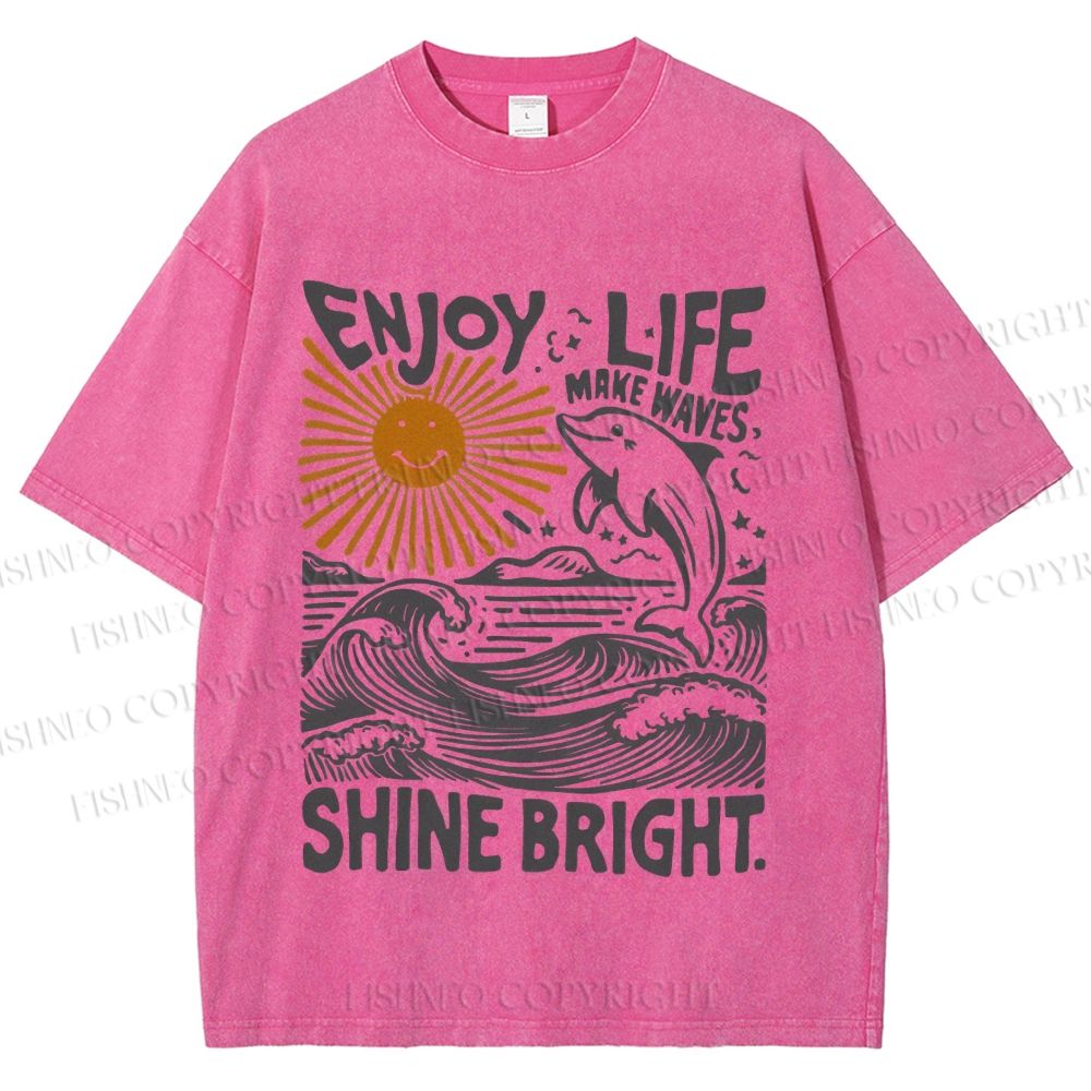 Unisex Vintage Enjoy Life Make Wave Shine Bright Graffiti Printed Washed Tee