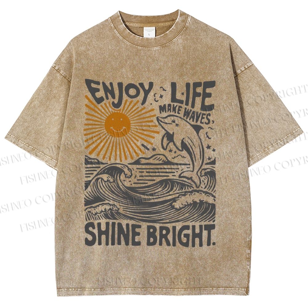 Unisex Vintage Enjoy Life Make Wave Shine Bright Graffiti Printed Washed Tee