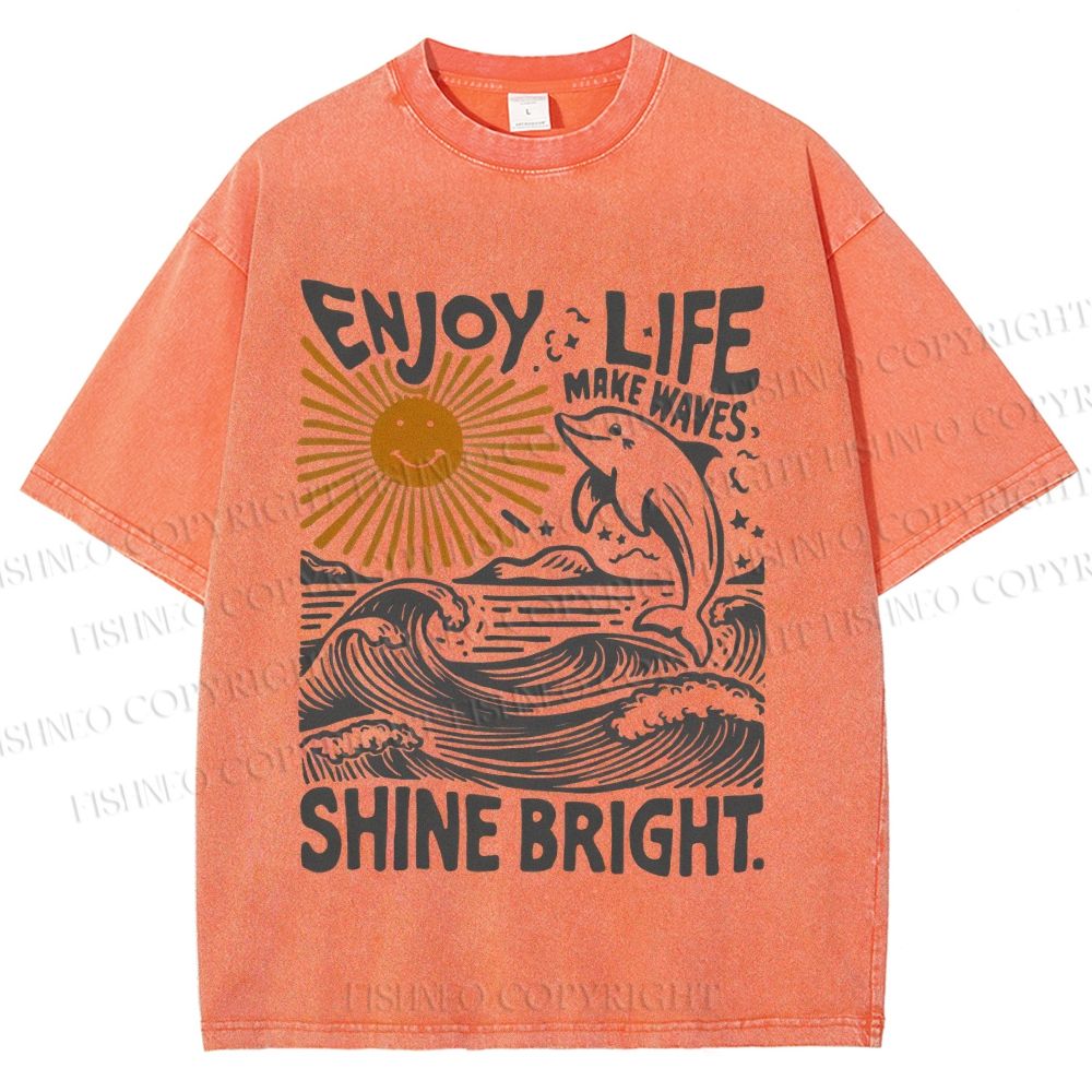 Unisex Vintage Enjoy Life Make Wave Shine Bright Graffiti Printed Washed Tee