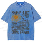 Unisex Vintage Enjoy Life Make Wave Shine Bright Graffiti Printed Washed Tee