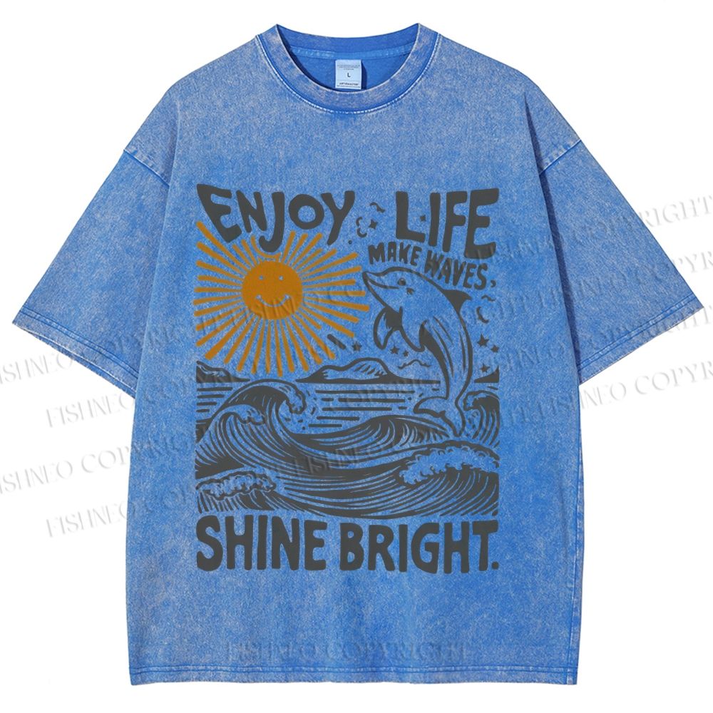 Unisex Vintage Enjoy Life Make Wave Shine Bright Graffiti Printed Washed Tee