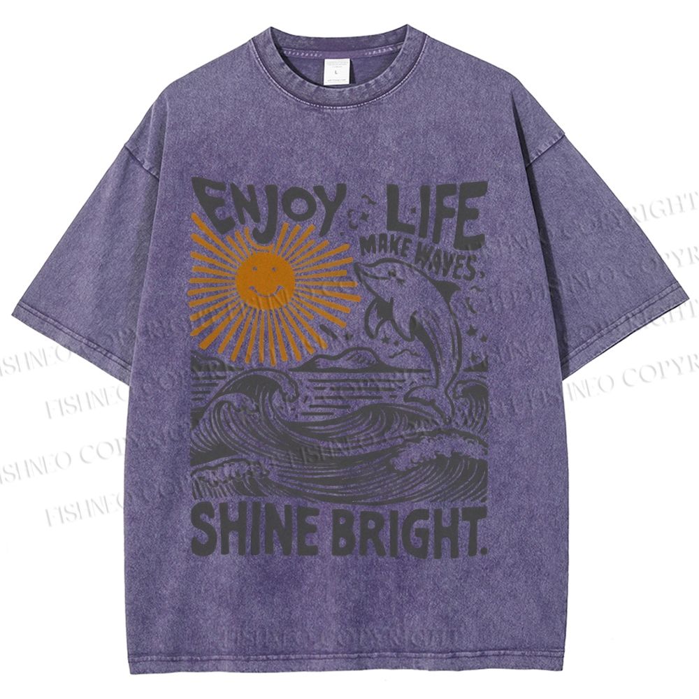 Unisex Vintage Enjoy Life Make Wave Shine Bright Graffiti Printed Washed Tee