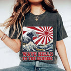 Unisex Japanese Wave Hello To The Sunrise Printed Washed Tee