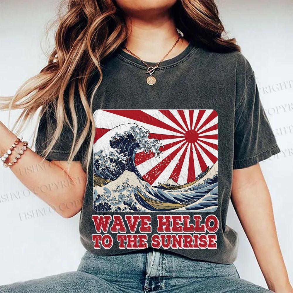 Unisex Japanese Wave Hello To The Sunrise Printed Washed Tee