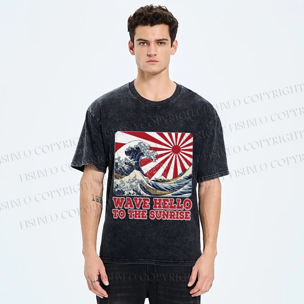 Unisex Japanese Wave Hello To The Sunrise Printed Washed Tee