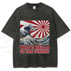 Unisex Japanese Wave Hello To The Sunrise Printed Washed Tee
