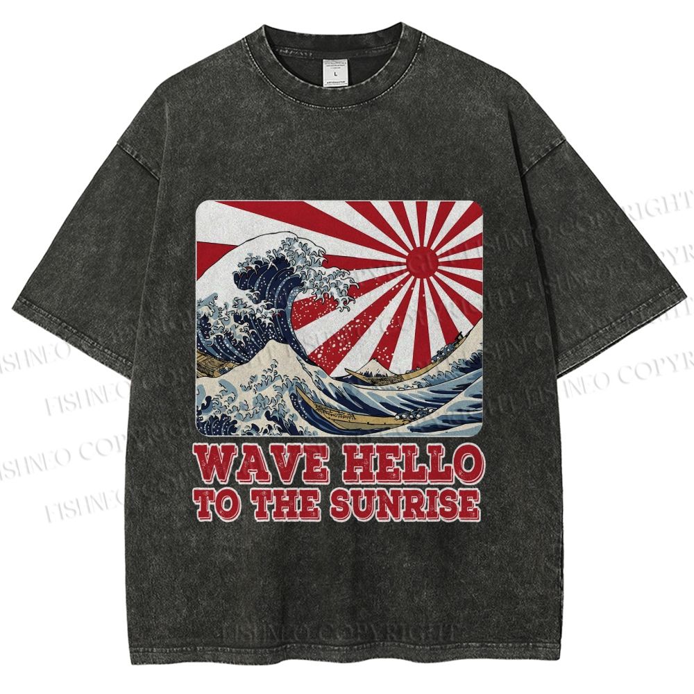 Unisex Japanese Wave Hello To The Sunrise Printed Washed Tee