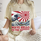 Unisex Japanese Wave Hello To The Sunrise Printed Washed Tee