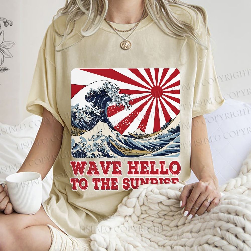 Unisex Japanese Wave Hello To The Sunrise Printed Washed Tee