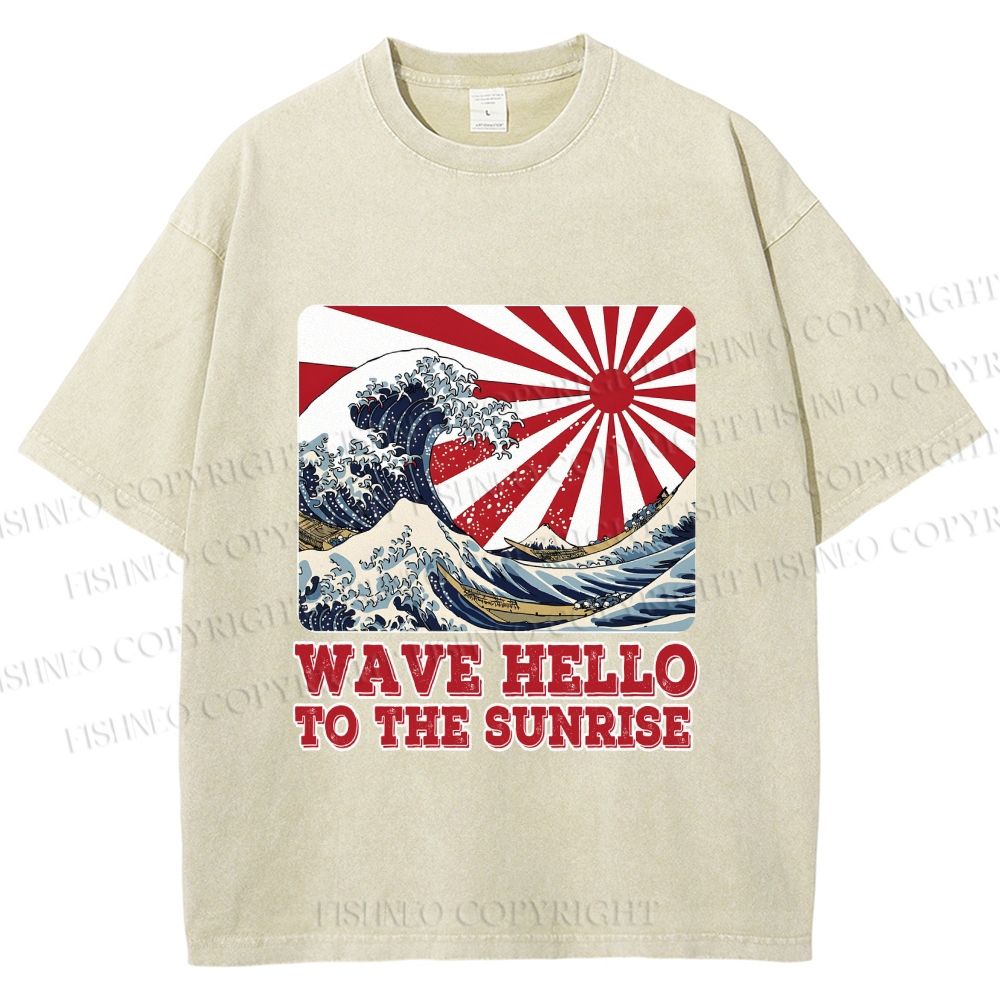 Unisex Japanese Wave Hello To The Sunrise Printed Washed Tee