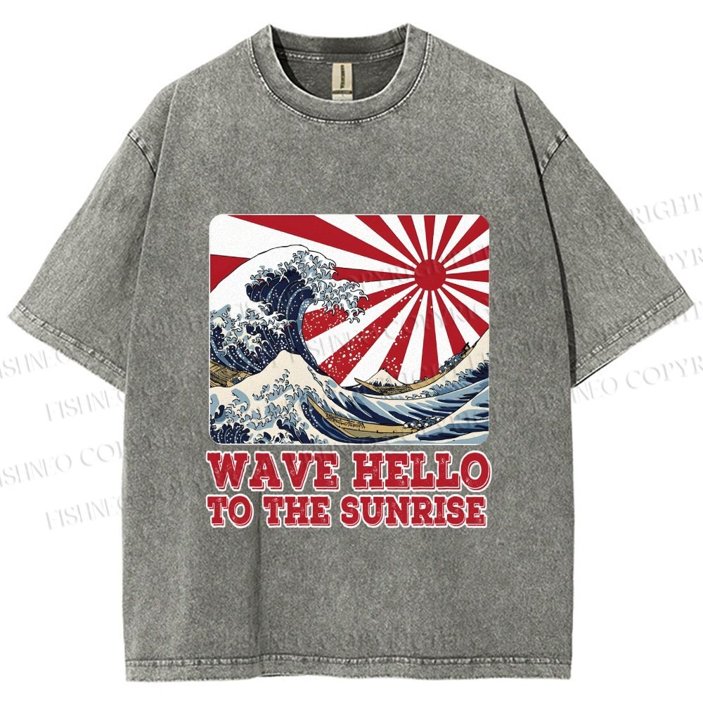 Unisex Japanese Wave Hello To The Sunrise Printed Washed Tee