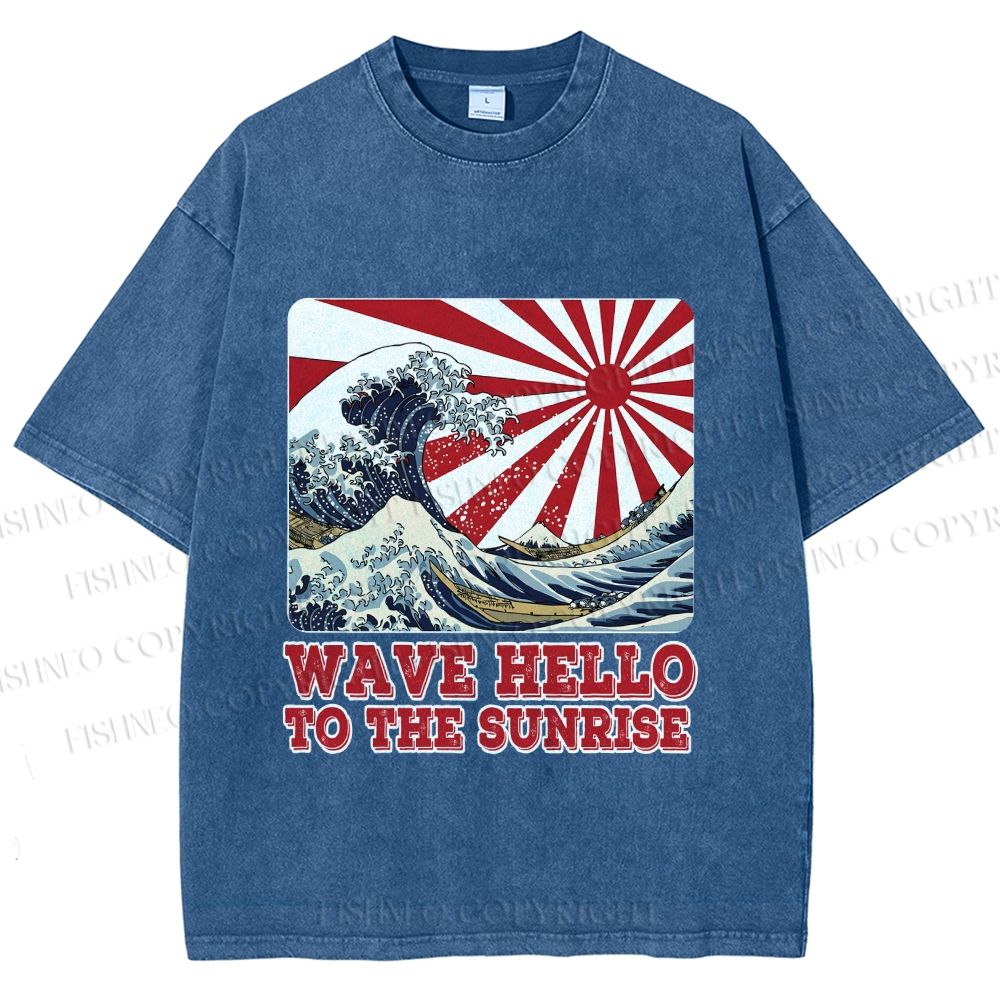 Unisex Japanese Wave Hello To The Sunrise Printed Washed Tee