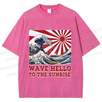 Unisex Japanese Wave Hello To The Sunrise Printed Washed Tee