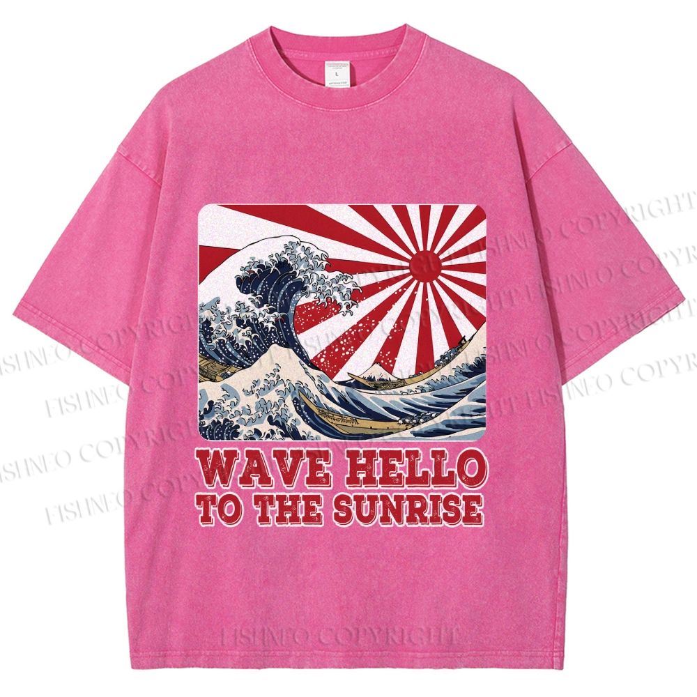 Unisex Japanese Wave Hello To The Sunrise Printed Washed Tee