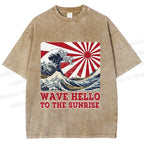 Unisex Japanese Wave Hello To The Sunrise Printed Washed Tee