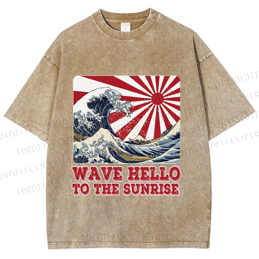 Unisex Japanese Wave Hello To The Sunrise Printed Washed Tee