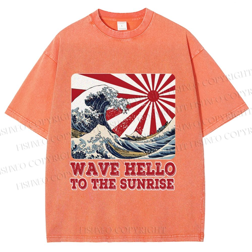 Unisex Japanese Wave Hello To The Sunrise Printed Washed Tee