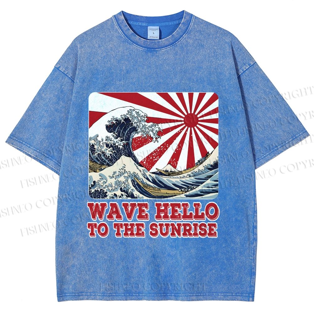 Unisex Japanese Wave Hello To The Sunrise Printed Washed Tee