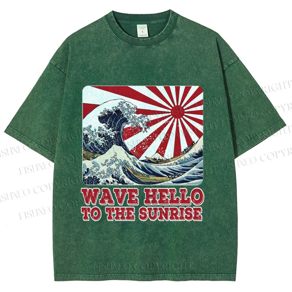 Unisex Japanese Wave Hello To The Sunrise Printed Washed Tee