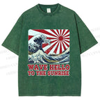 Unisex Japanese Wave Hello To The Sunrise Printed Washed Tee