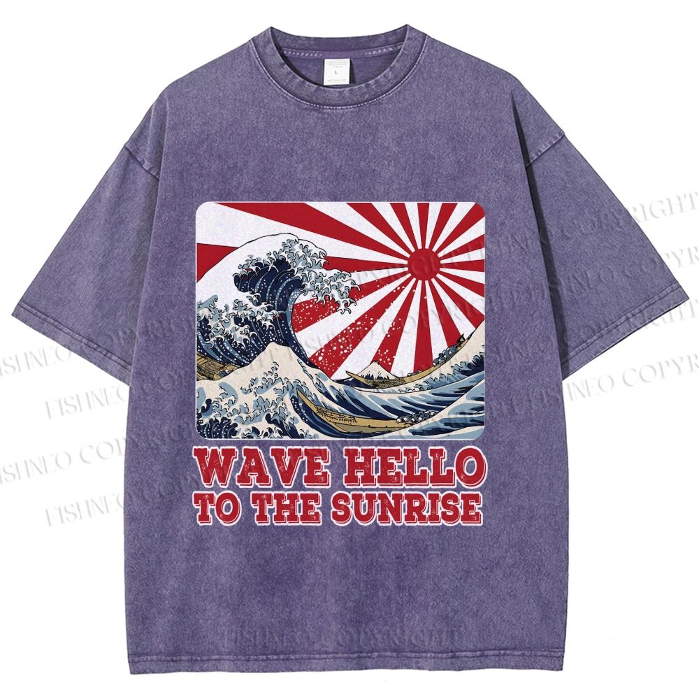 Unisex Japanese Wave Hello To The Sunrise Printed Washed Tee