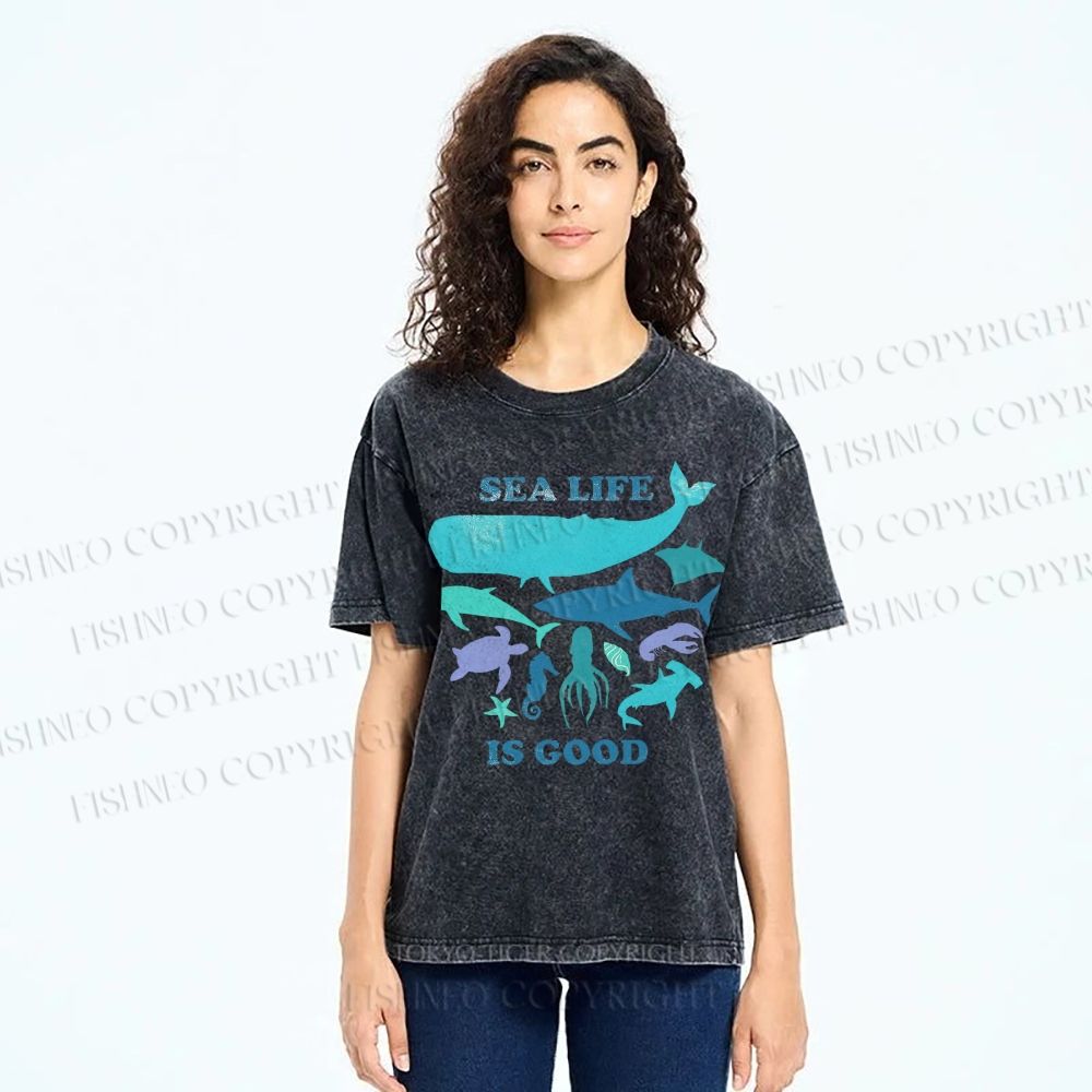 Unisex Sea Life Is Good Printed Washed Tee