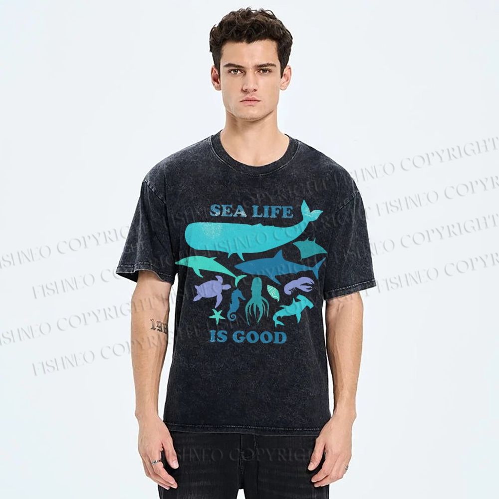 Unisex Sea Life Is Good Printed Washed Tee