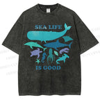Unisex Sea Life Is Good Printed Washed Tee