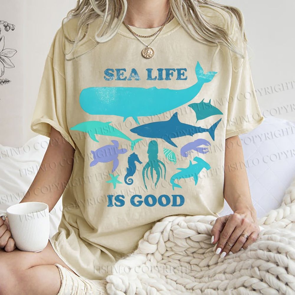 Unisex Sea Life Is Good Printed Washed Tee