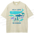 Unisex Sea Life Is Good Printed Washed Tee