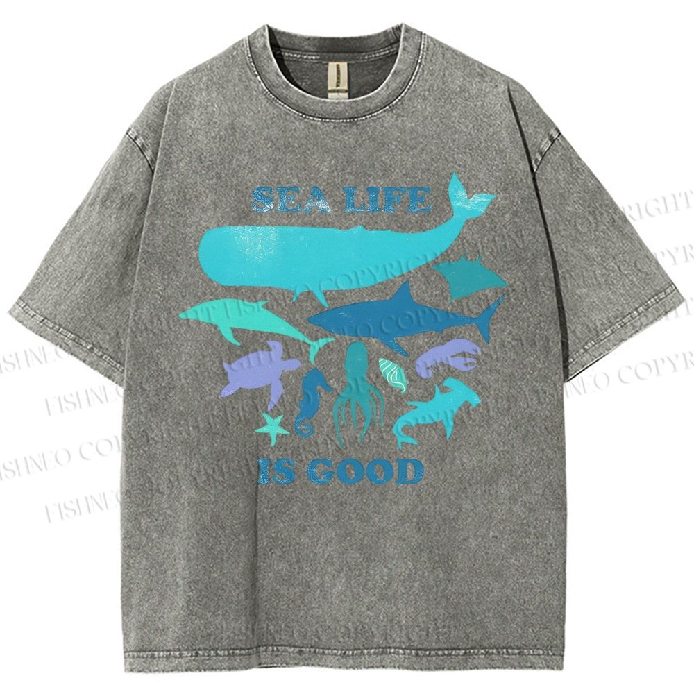 Unisex Sea Life Is Good Printed Washed Tee