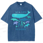 Unisex Sea Life Is Good Printed Washed Tee