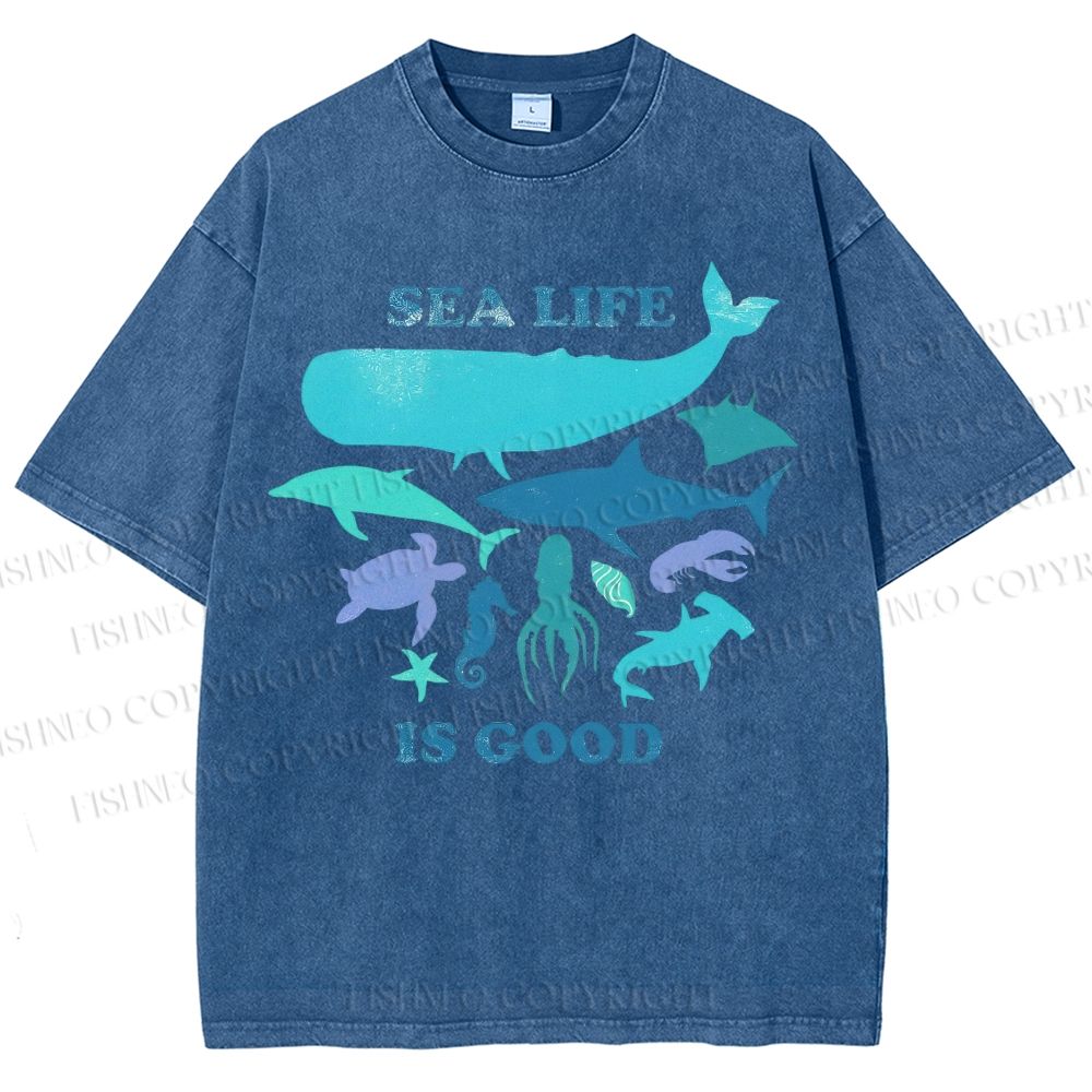 Unisex Sea Life Is Good Printed Washed Tee