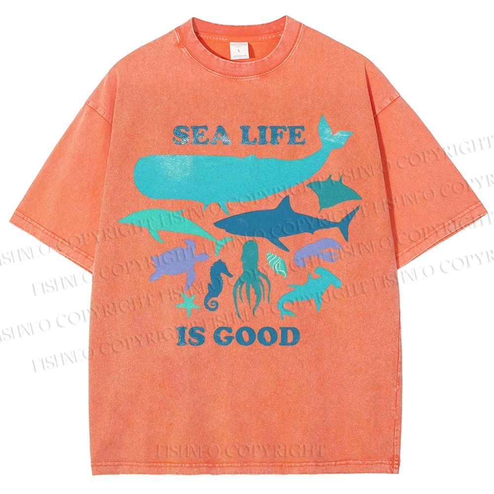 Unisex Sea Life Is Good Printed Washed Tee