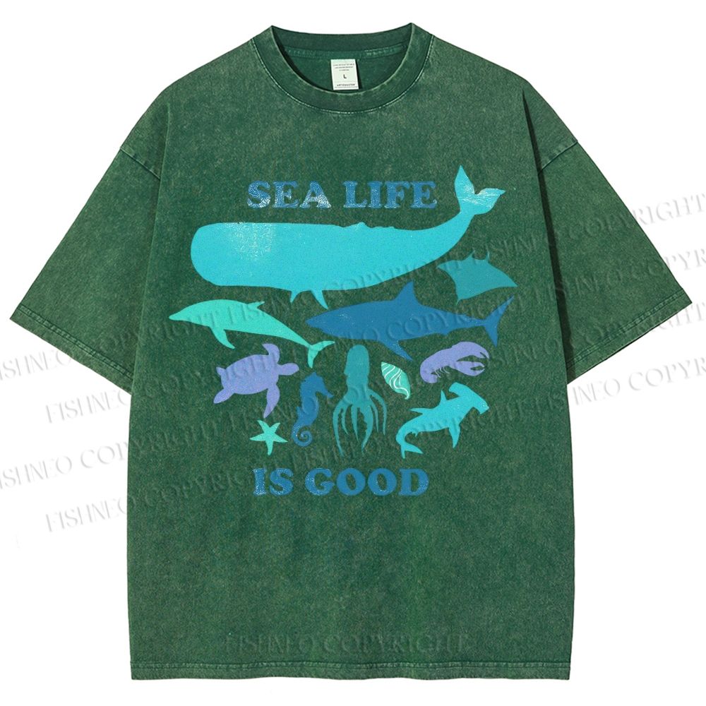 Unisex Sea Life Is Good Printed Washed Tee