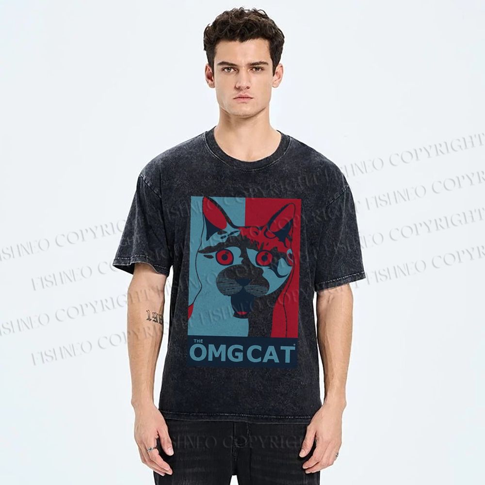 Unisex OMG Cat Poster Printed Washed Tee