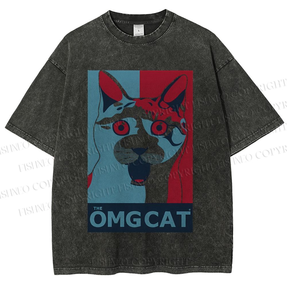 Unisex OMG Cat Poster Printed Washed Tee