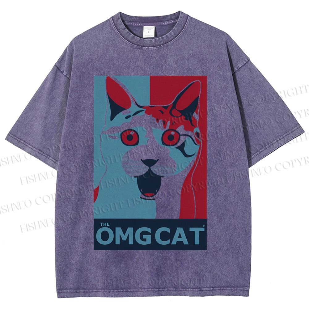 Unisex OMG Cat Poster Printed Washed Tee