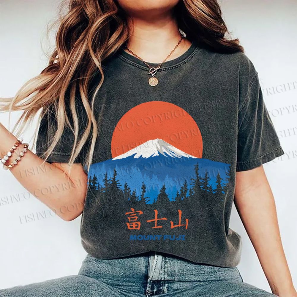 Unisex Japanese Mount Fuji Graffiti Printed Washed Tee