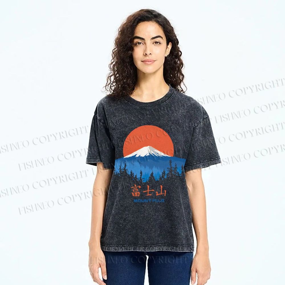 Unisex Japanese Mount Fuji Graffiti Printed Washed Tee