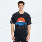 Unisex Japanese Mount Fuji Graffiti Printed Washed Tee