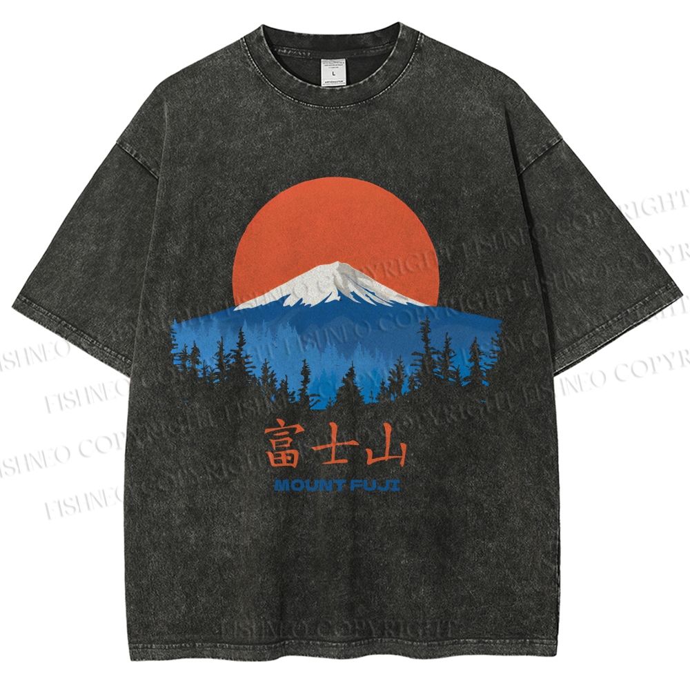 Unisex Japanese Mount Fuji Graffiti Printed Washed Tee