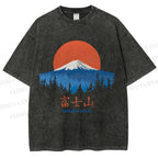 Unisex Japanese Mount Fuji Graffiti Printed Washed Tee