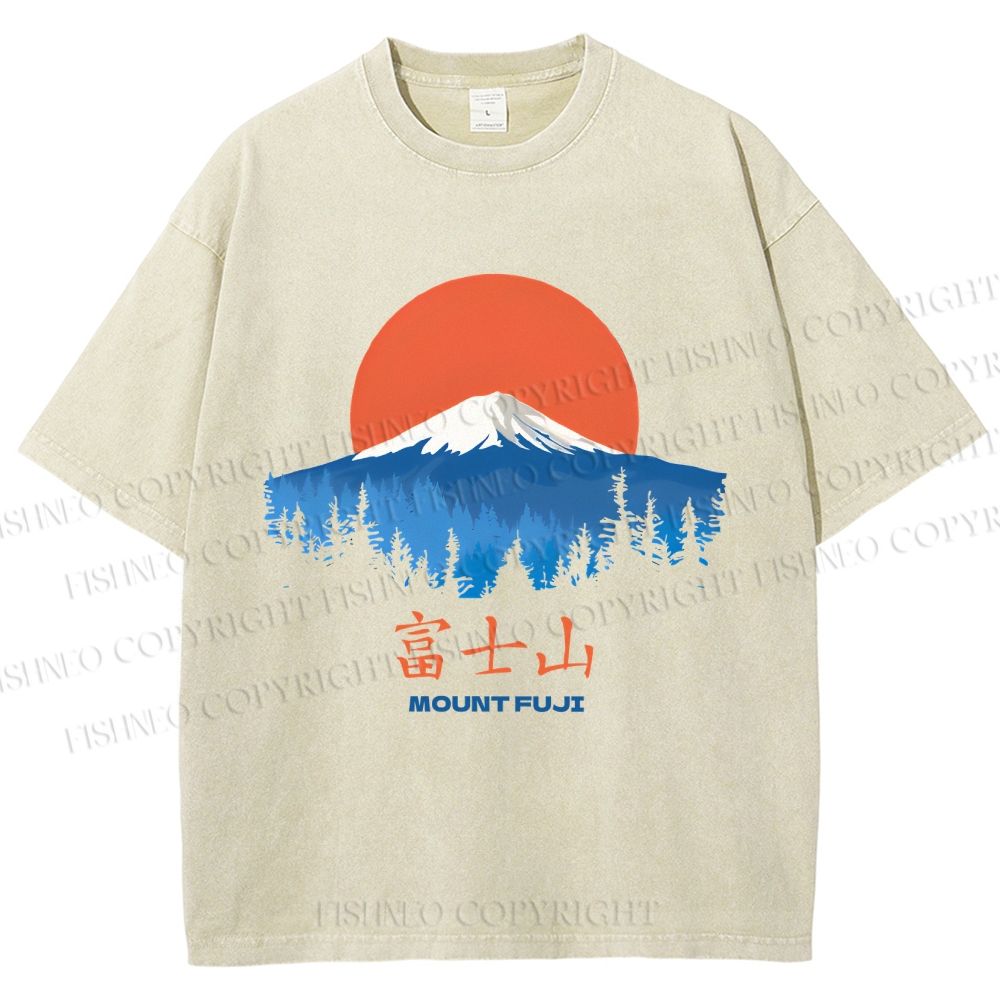 Unisex Japanese Mount Fuji Graffiti Printed Washed Tee