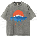 Unisex Japanese Mount Fuji Graffiti Printed Washed Tee