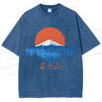 Unisex Japanese Mount Fuji Graffiti Printed Washed Tee