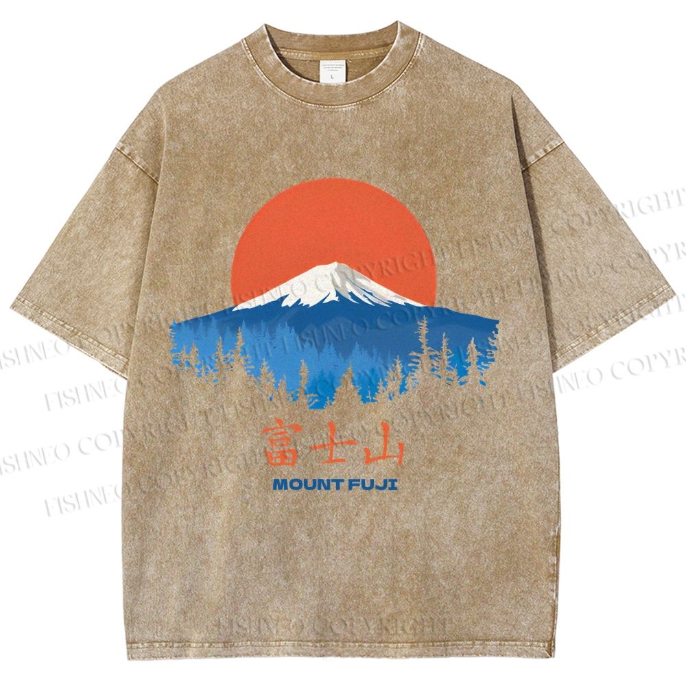 Unisex Japanese Mount Fuji Graffiti Printed Washed Tee